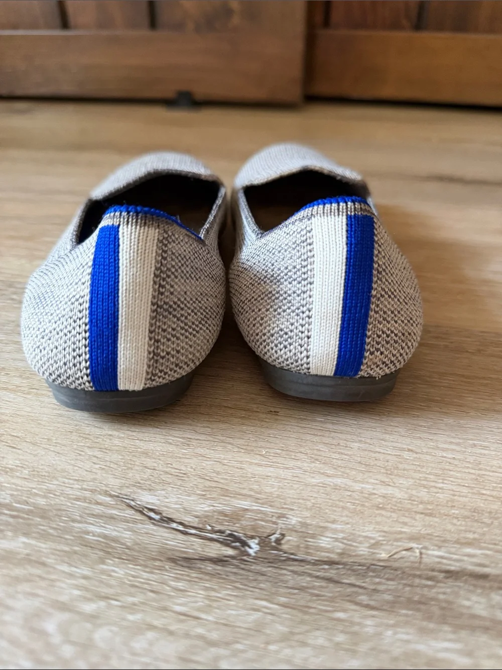Rothy's Kids Knit Slip-On Loafers in Taupe/Gray with Blue Trim